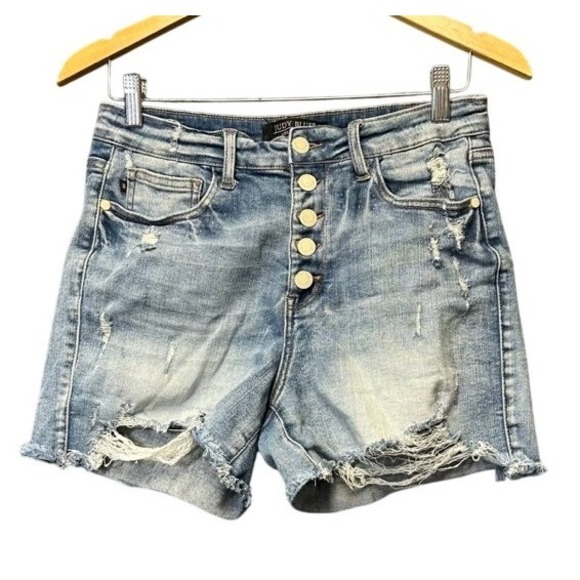 Judy Blue Pants - Judy Blue Distressed Denim Shorts Light Wash Button Fly JB150142 Womens Large